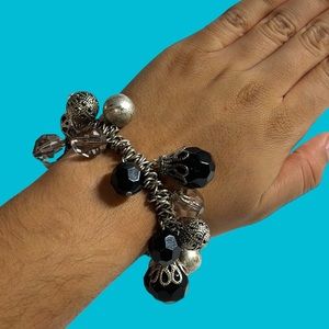 Black Silver Circles‎ Disc Stretch Bracelet